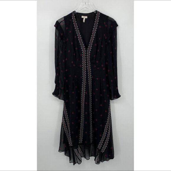 Joie Jamya silk chiffon shift dress caviar black flowy long sleeve sheer trim 8 - Picture 2 of 6